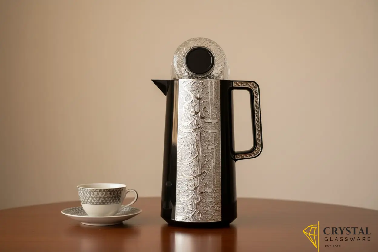 Luxury thermal flask in black with gold /silver intricate Arabic calligraphy